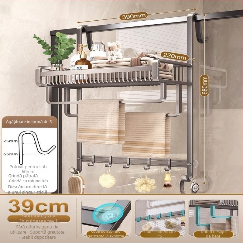 Raft de baie din aluminiu, fără găuri, suport pentru prosoape, etajeră cu trei niveluri, finisaj spray-plastic, capacitate de încărcare 20 kg