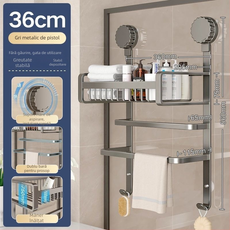 Raft de baie din aluminiu, fără găuri, suport pentru prosoape, etajeră cu trei niveluri, finisaj spray-plastic, capacitate de încărcare 20 kg