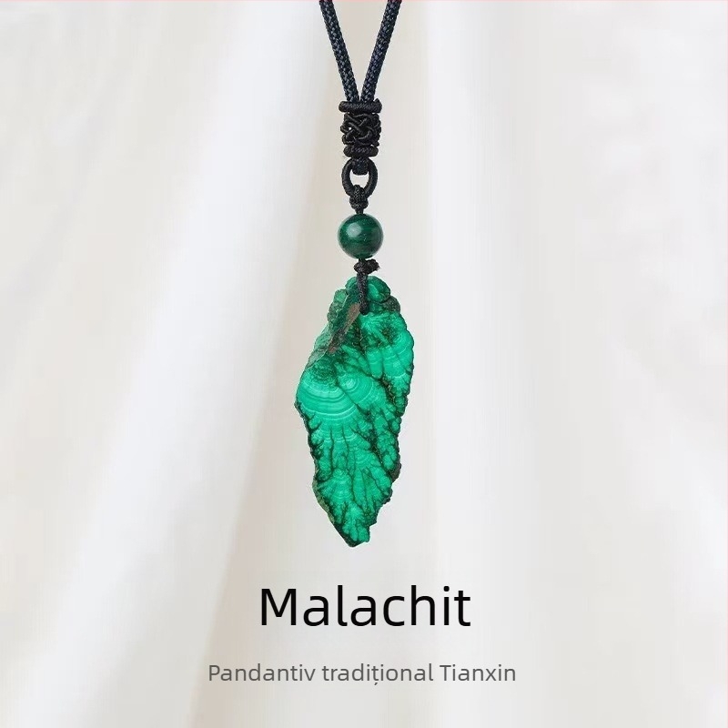 Malahit natural, piatră brută, pandantiv cu felie asimetrică, lanț tricotat manual pentru pulover, bijuterii