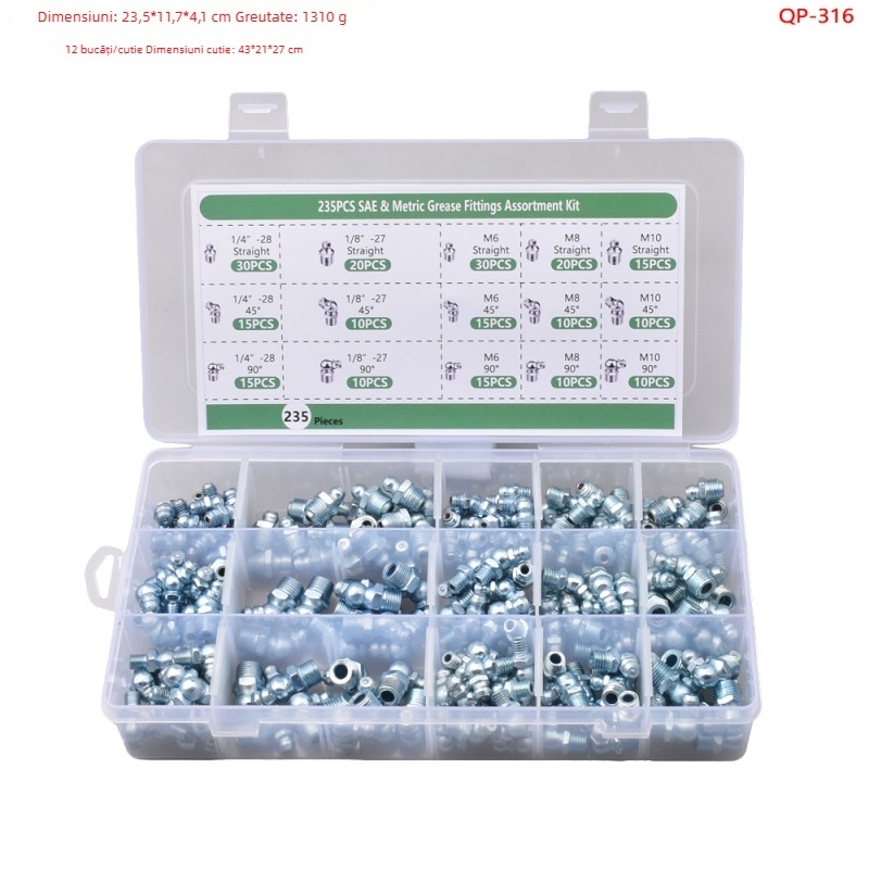 Set de duze de ungere, 235 de piese, ambalat într-o cutie, cu M6, M8, M10, UNF 1/4-28 și 1/8-27 NPT