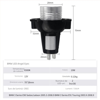 BMW E90/E91 Lampă de ceață LED Angel Eye – Corp din aluminiu, 12V, 12W, flux luminos 5000 lm, model E91 10W