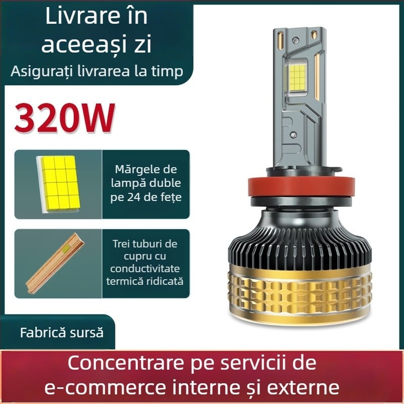 Far LED pentru mașină, 320W, compatibil H7/H4, trei țevi din cupru, aliaj de aluminiu de aviație, fascicul mare și mic, 9-36V