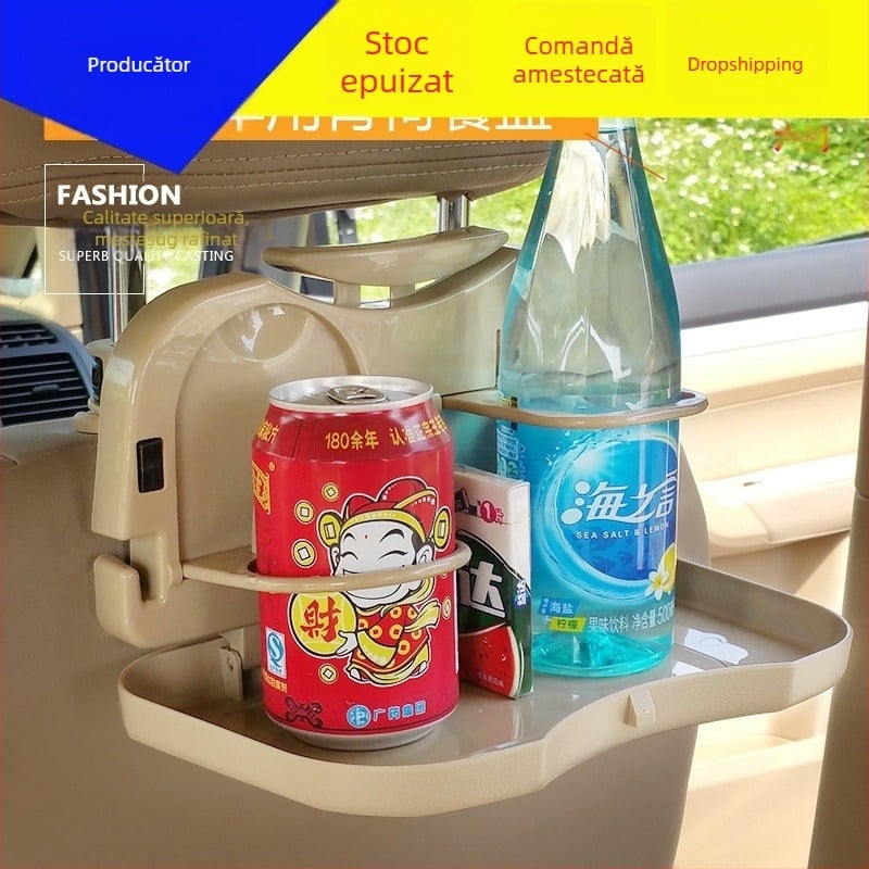 Tavă pliabilă pentru bancheta din spate a mașinii, cu suport pentru băuturi și tavă de depozitare încorporată — ABS plastic