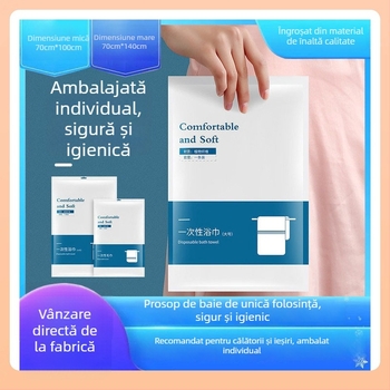 Prosop de baie de unică folosință, îngroșat, portabil și ambalaj individual pentru călătorii și hoteluri; material din fibre vegetale; absorbție 5-10 s.