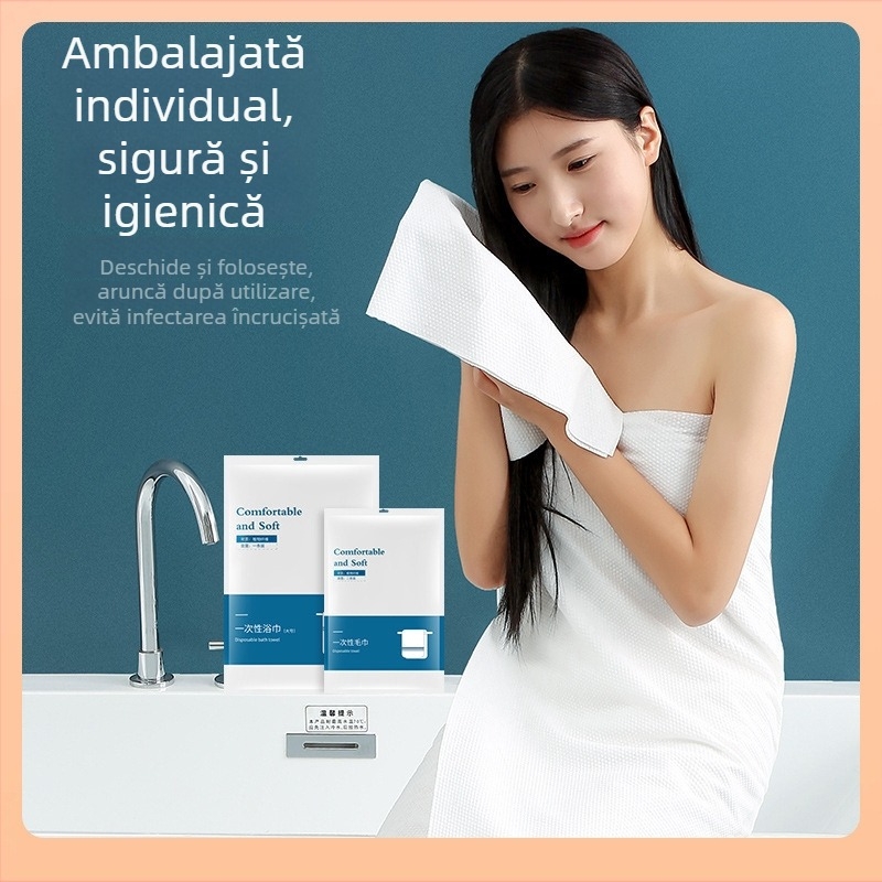 Prosop de baie de unică folosință, îngroșat, portabil și ambalaj individual pentru călătorii și hoteluri; material din fibre vegetale; absorbție 5-10 s.