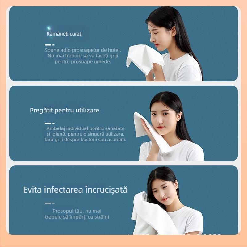 Prosop de baie de unică folosință, îngroșat, portabil și ambalaj individual pentru călătorii și hoteluri; material din fibre vegetale; absorbție 5-10 s.