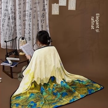 Șal-pleduță în stil Chinez Nou, model peisaj, poliester, 230 g, primăvară-toamnă