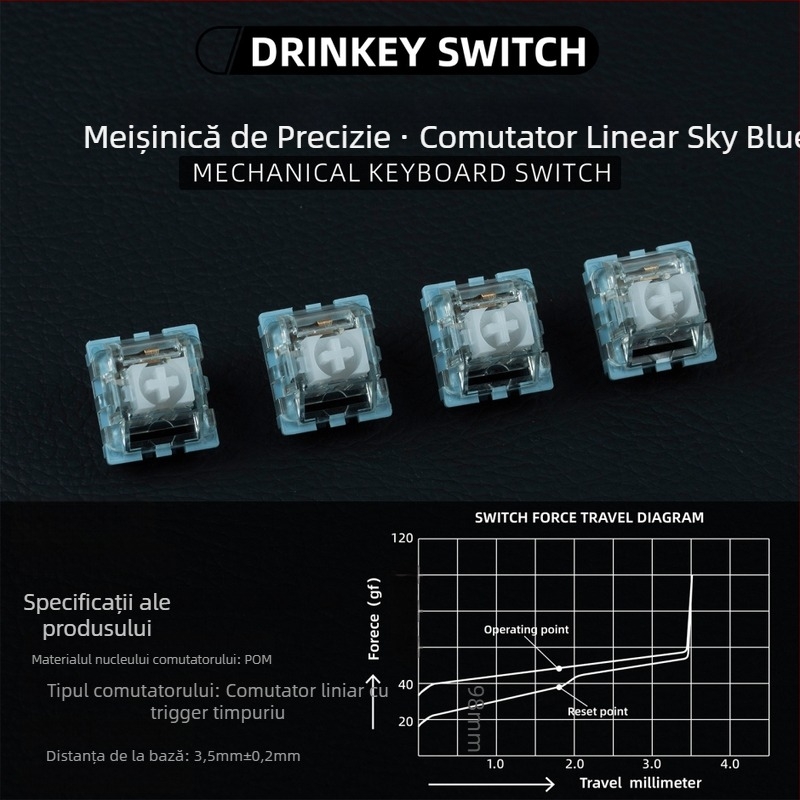 Switch mecanic pentru tastatură, Sky blue axis v2; ax din plastic turnat prin injecție; compatibil cu ax cu trei brațe și universal
