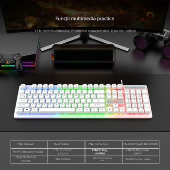 Tastatură mecanică cu iluminare RGB, conectare USB cablată, 98+ taste, compatibilitate universală