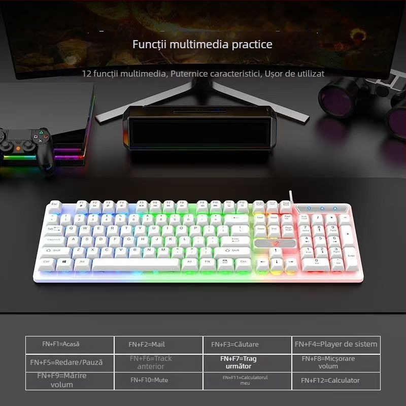 Tastatură mecanică cu iluminare RGB, conectare USB cablată, 98+ taste, compatibilitate universală