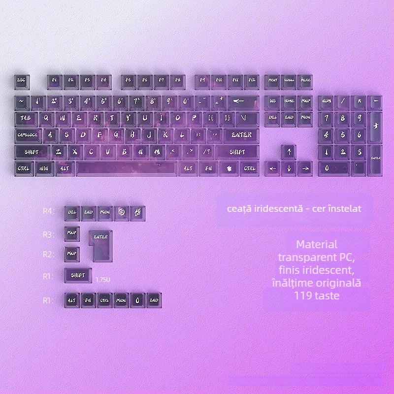 Set de capace din plastic pentru tastatură mecanică universală, design irizant ceață-stelar, model Symphony of Mist, set mic complet de 119 taste, 320 g