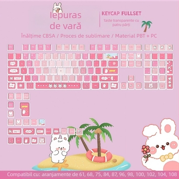 Set de keycaps SA pentru tastatură mecanică, temă Summer Bunny, transparent pe patru laturi, PBT, dye-sublimation, 119 taste