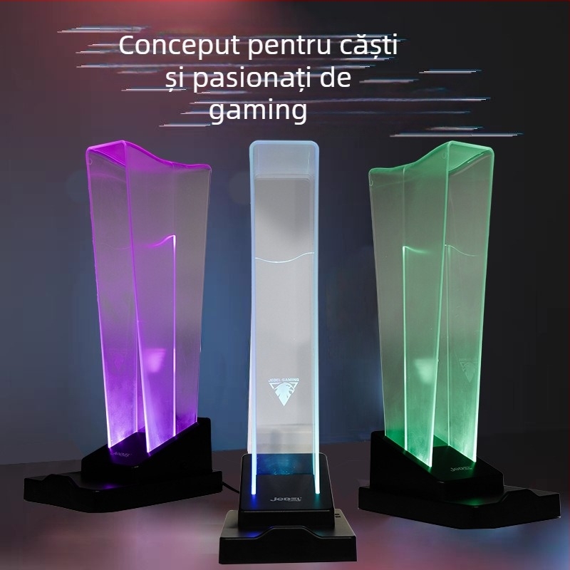 Suport pentru căști cu iluminare LED RGB, două în unu pentru afișare și depozitare pe birou; model Acrylic bracket; material silicon