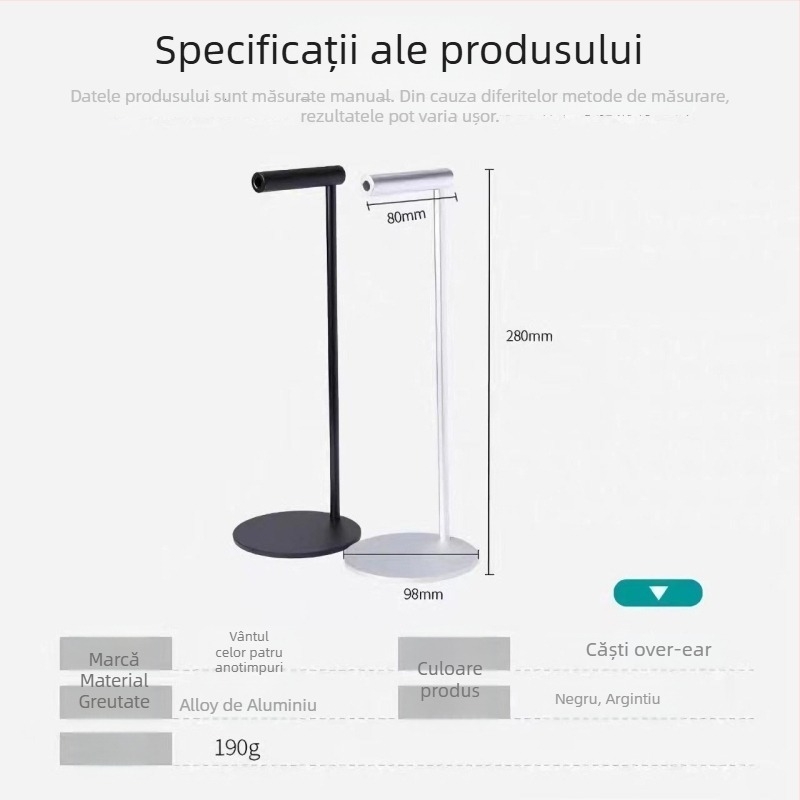 Suport pentru căști din aliaj de aluminiu, pentru utilizare pe birou; fără găurire; greutate 190 g; model: suport metalic pentru căști.