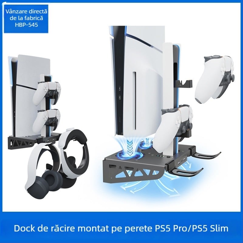 IPLAY HBP-545 PS5 Slim/Pro Suport de perete cu ventilator, suport pentru controllere și docking de încărcare Type-C