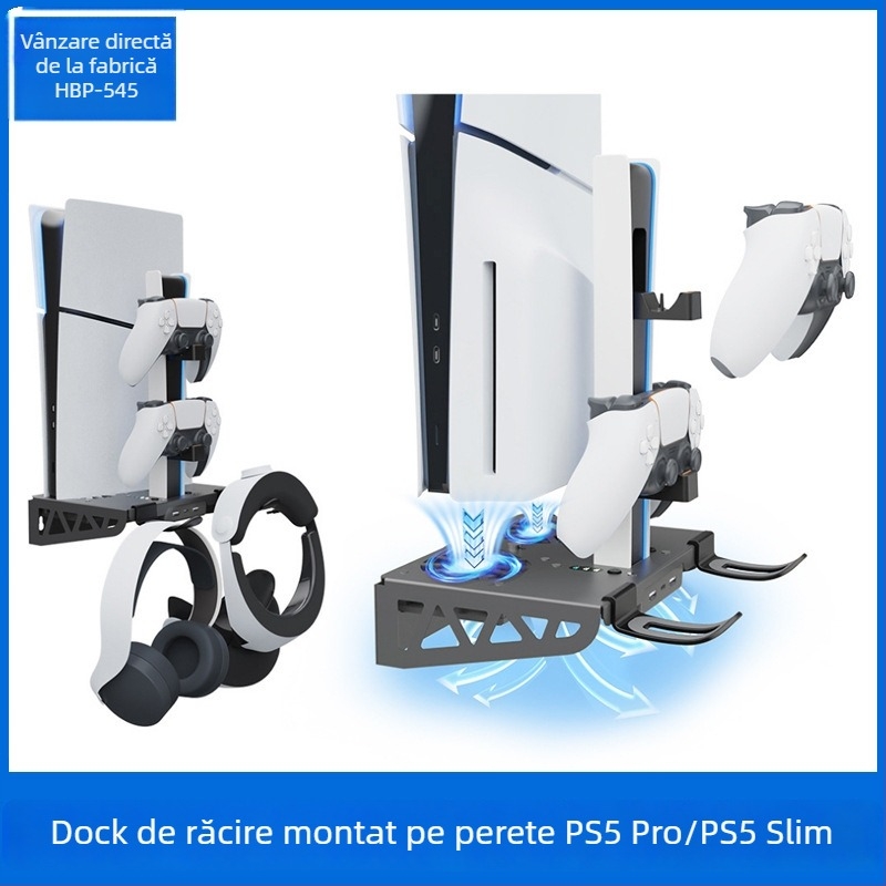 IPLAY HBP-545 PS5 Slim/Pro Suport de perete cu ventilator, suport pentru controllere și docking de încărcare Type-C