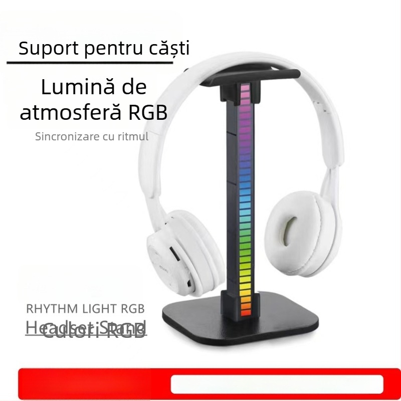 Suport pentru căști cu iluminare ambientală RGB, agățător de birou pentru căști cu captare audio, cablu de 1 m, modelul 002