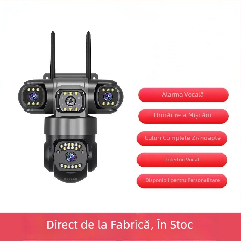 Cameră de securitate cu 3 lentile, PTZ 360°, viziune de noapte în culoare completă, monitorizare 4G, pentru interior/exterior