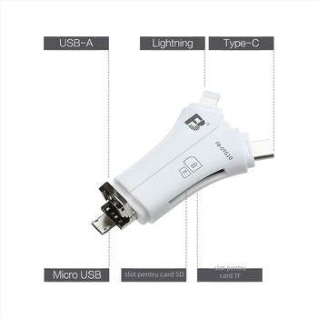 Cititor OTG USB pentru carduri – suport CF/SD/SDHC/TF; interfață USB 2.0; compatibil cu dispozitive Apple, Huawei și Android; greutate 14,8 g