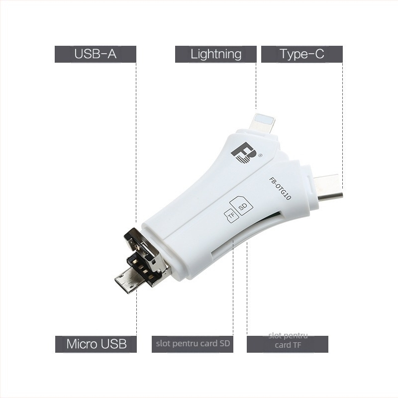 Cititor OTG USB pentru carduri – suport CF/SD/SDHC/TF; interfață USB 2.0; compatibil cu dispozitive Apple, Huawei și Android; greutate 14,8 g