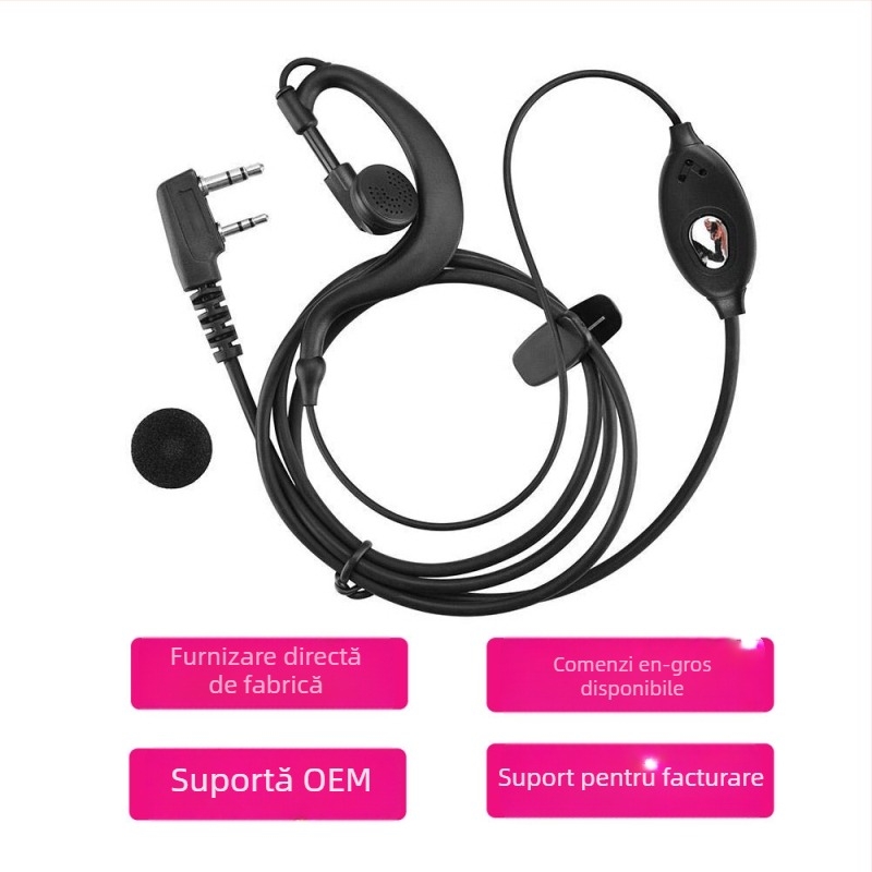 Baofeng Walkie-Talkie headset cu cârlig pentru ureche, Model K-21, cablat cu microfon, mufa 3,5/6,3 mm în formă L, design de agățat pentru ureche