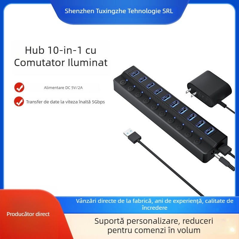Hub USB 3.0 cu 10 porți și comutator de porturi independent, cablu de 1 m, fără alimentare externă, 5 Gbps
