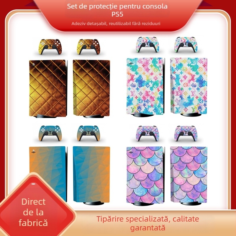 Folie PVC pentru PS5 – folie protectoare pentru corpul întreg al consolei și controlerelor, 0.04–0.08 mm, respirabilă, adeziv detașabil, fără reziduuri, personalizată după desene