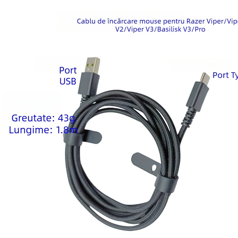 Razer cablu de încărcare pentru mouse pentru Viper V2/V3 și Basilisk V3 Pro — miez din cupru pur, conductor din cupru fără oxigen, ROHS, 43 g