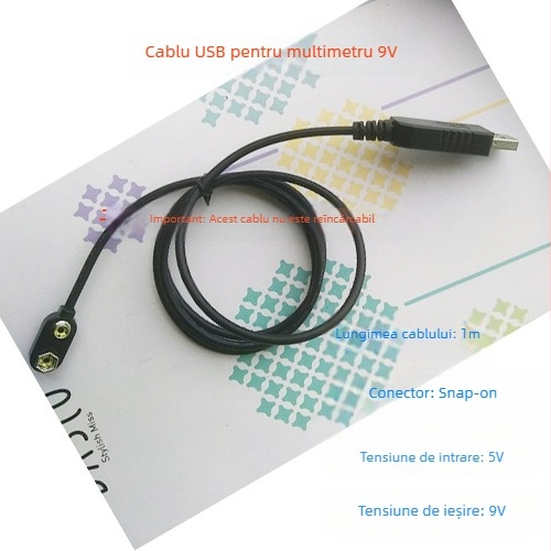 Încărcător pentru baterie portabilă, sursă USB, creștere la 9V, interfață cu clips și buton, cablu de încărcare baterie