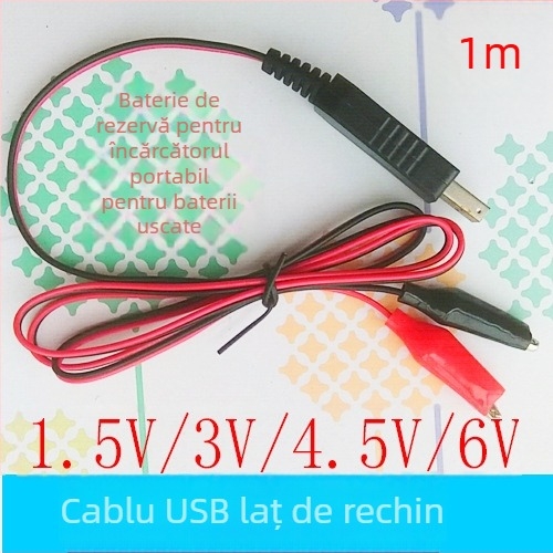 Sursă USB cu ieșire reglabilă pentru înlocuirea bateriilor uscate — cabluri cu cleme alligator, intrare USB 5V, tensiuni de ieșire: 1.2V, 2.4V, 3.6V, 1.5V, 3V, 4.5V, 6V, 9V