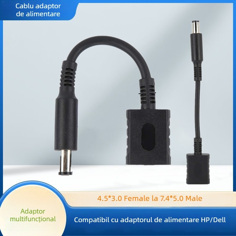 Cablu de conversie pentru alimentare notebook HP/Dell, conector 4.5x3.0 mm la 7.4x5.0 mm, lungime 15 cm, model 4530-7450