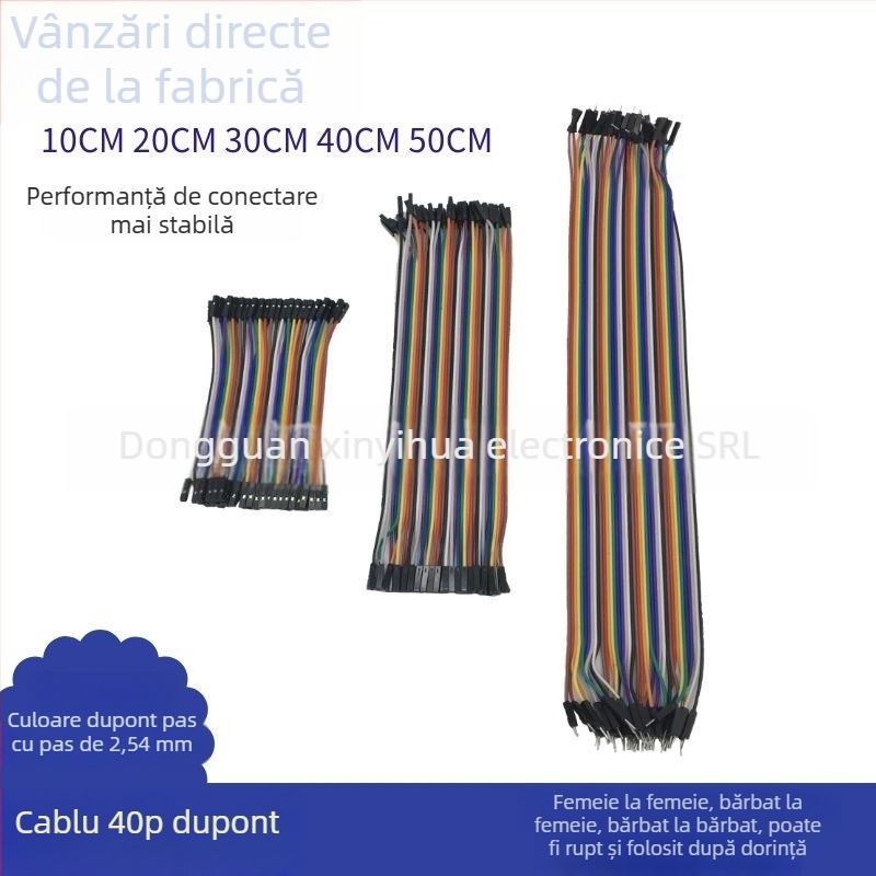 Cabluri jumper Dupont, conectori de 40 pini, cu configurații femelă-femelă, femelă-mascul, masculin-masculin, CE-certificat, pentru echipamente electrice interne.