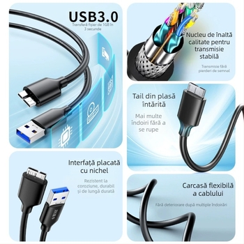 Cablu date USB 3.0 către Micro-B pentru hard disk extern – conector USB 3.0A, nucleu din cupru, cupru cu strat de cositor, ISO 9001