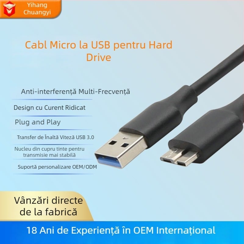 Cablu date USB 3.0 către Micro-B pentru hard disk extern – conector USB 3.0A, nucleu din cupru, cupru cu strat de cositor, ISO 9001