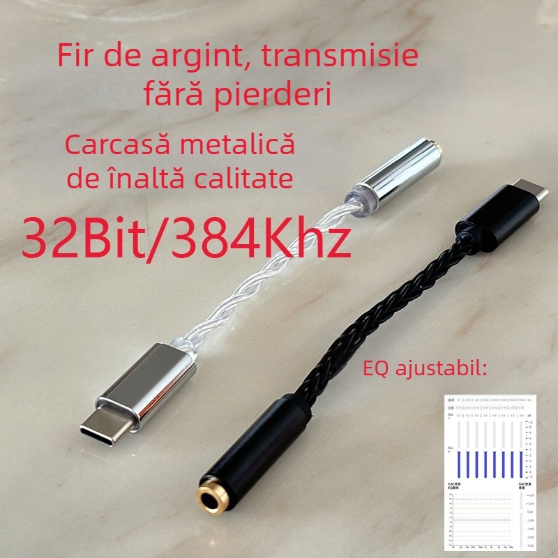 Adaptor Type-C la 3,5 mm – decodor audio digital cu amplificator pentru căști, EQ reglabil (Brand SN, Model 412BHM, 5000 cicluri de conectare)