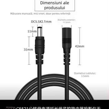 Cablu de extindere a alimentării DC5521 cu mufa rotundă pentru camere de securitate – compatibil cu Hikvision EzViz, TP-Link, Dahua – lungimi: 1m, 3m, 5m, 10m