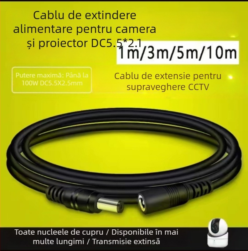 Cablu de extindere a alimentării DC5521 cu mufa rotundă pentru camere de securitate – compatibil cu Hikvision EzViz, TP-Link, Dahua – lungimi: 1m, 3m, 5m, 10m