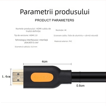 Cablu HDMI 4K Ultra HD, date 3D, placat cu aur, cupru fără oxigen, cablu adaptor