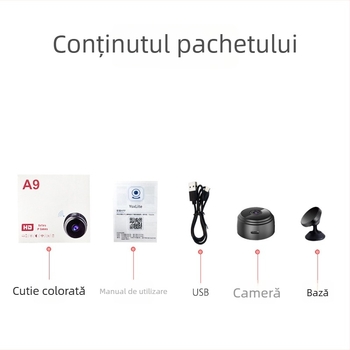 A9 Cameră de supraveghere wireless pentru casă, 1080P, Vedere de noapte, Wi-Fi, Înregistrare video și Fotografii