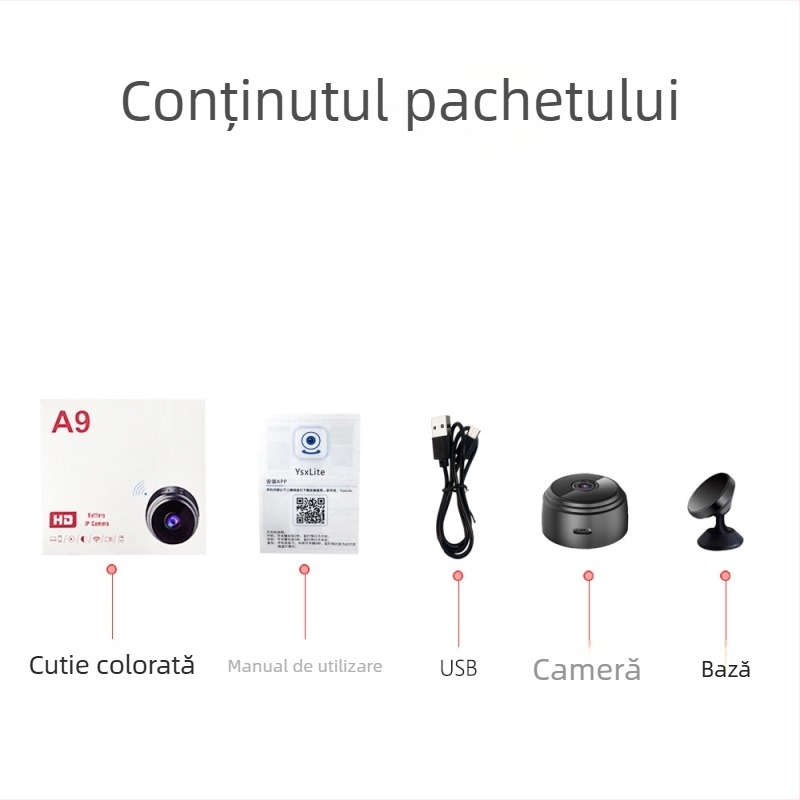 A9 Cameră de supraveghere wireless pentru casă, 1080P, Vedere de noapte, Wi-Fi, Înregistrare video și Fotografii