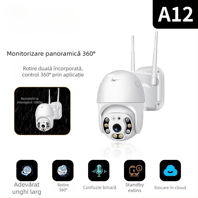 A12 Cameră de securitate wireless pentru exterior – 1080p, Vedere de noapte, Detecție de alarmă, Notificare de alarmă