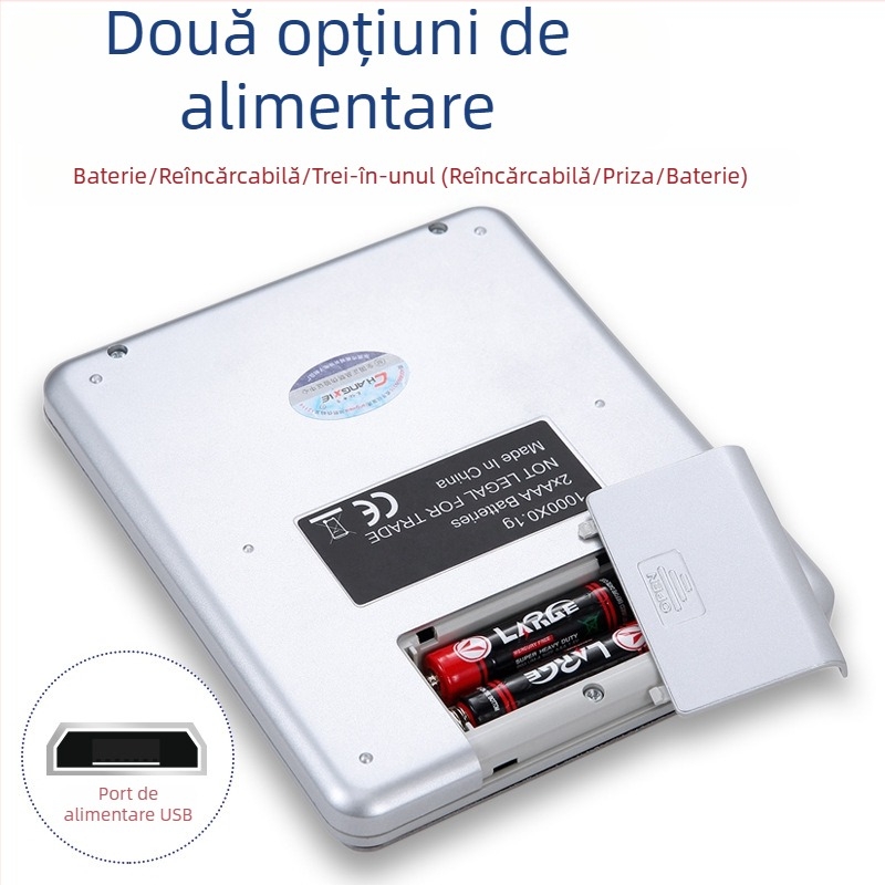 Cântar electronic mini pentru bucătărie, înaltă precizie, model CX-I2000, capacitate 3 kg, dimensiuni 12,7×10,6×1,7 cm, alimentare cu 2 baterii AAA
