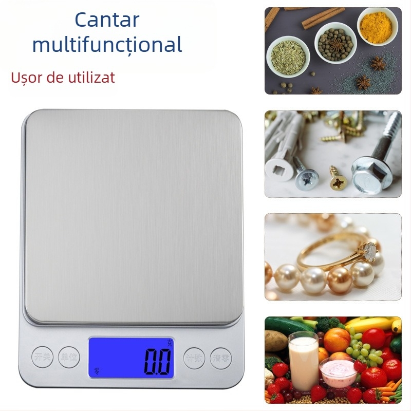 Cântar electronic mini pentru bucătărie, înaltă precizie, model CX-I2000, capacitate 3 kg, dimensiuni 12,7×10,6×1,7 cm, alimentare cu 2 baterii AAA