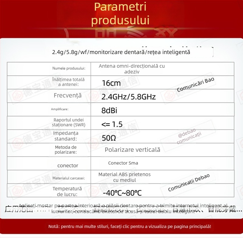 ANTENĂ WiFi dual-band 2.4/5.8 GHz pentru router, omnidirecțională, pliabilă, 8 dBi, SMA vârf interior, 50 Ω, SWR ≤1.5