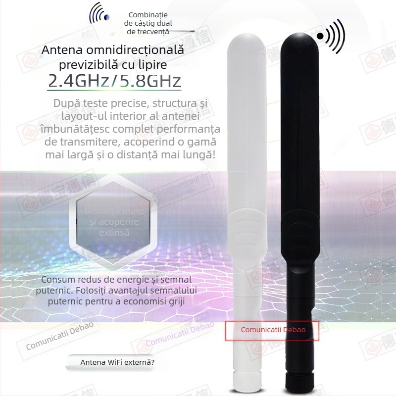 ANTENĂ WiFi dual-band 2.4/5.8 GHz pentru router, omnidirecțională, pliabilă, 8 dBi, SMA vârf interior, 50 Ω, SWR ≤1.5