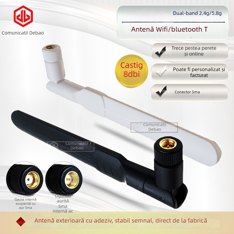 ANTENĂ WiFi dual-band 2.4/5.8 GHz pentru router, omnidirecțională, pliabilă, 8 dBi, SMA vârf interior, 50 Ω, SWR ≤1.5