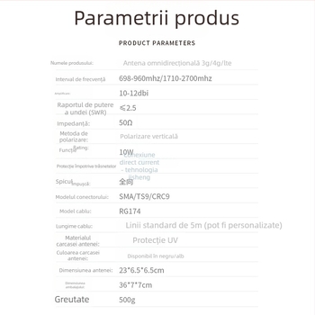 Antena gun-barrel 4G, antenă omnidirecțională externă pentru routere și modemuri, interval de frecvență 698-960/1710-2700 MHz, 50 Ω, VSWR ≤ 2.5, 220 V