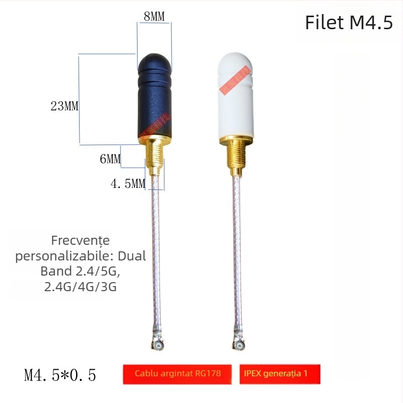 Antena impermeabilă 2.4G mică pentru montaj în carcasă, filet M4.5, pentru 4G/NB/433, cablu IPEX