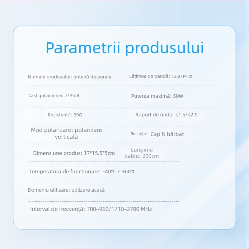 Antena plană direcțională pentru montaj pe perete, 698–2700 MHz, impermeabilă pentru exterior, polarizare unică