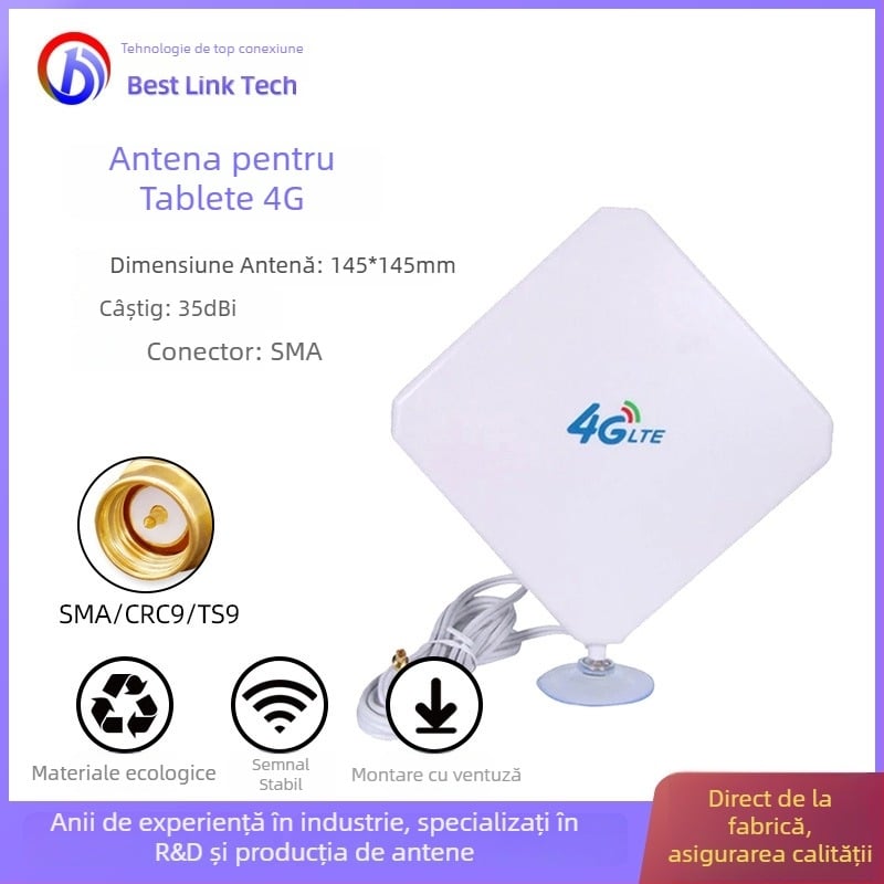 Antena 4G/LTE cu câștig înalt pentru routere și tablete, 35 dBi, 700–2700 MHz, 50 Ω, SWR ≤1.5, conectori SMA/CRC9/TS9